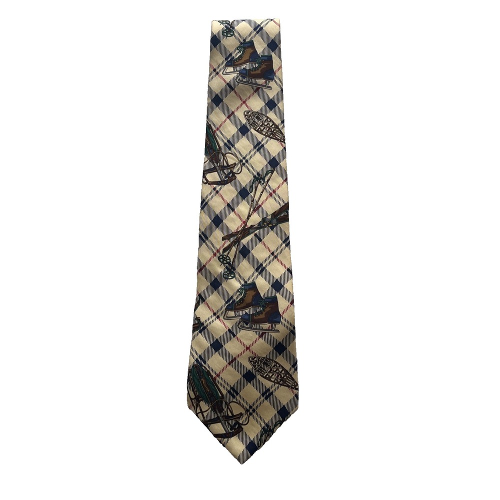 Vintage Tommy Hilfiger 100% Silk Tie Cabin Lagenlook Plaid Ski Sled Snowshoe Ice